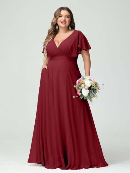 Plus Size Chiffon Bridesmaid Dresses with Pockets – A-Line/Princess V-Neck Short Sleeves