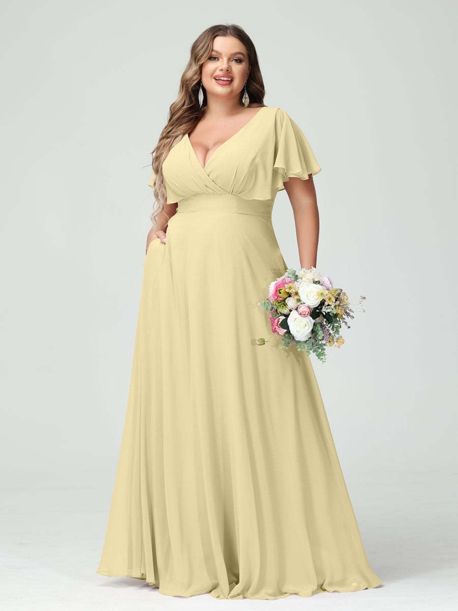 Plus Size Chiffon Bridesmaid Dresses with Pockets – A-Line/Princess V-Neck Short Sleeves