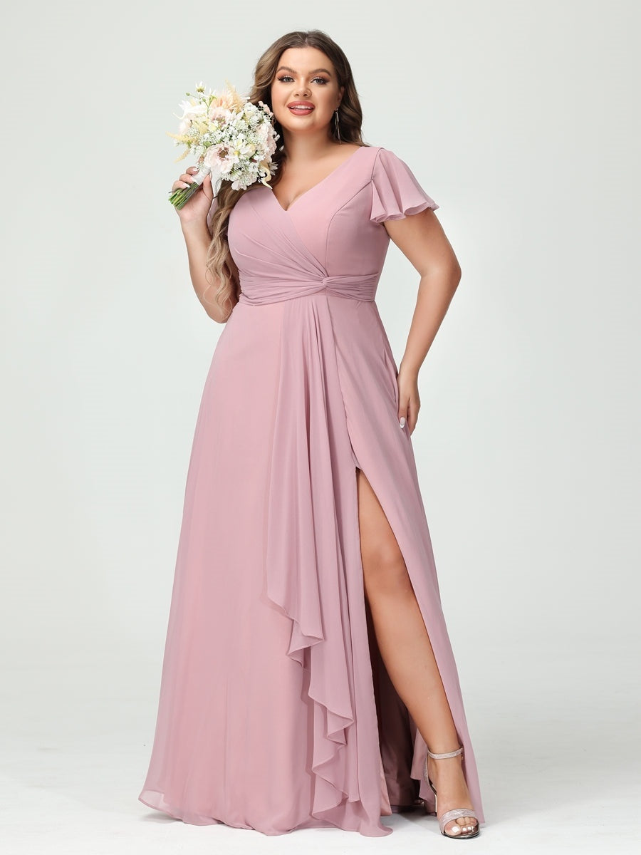 Plus Size Chiffon Bridesmaid Dress with V-Neck, Short Sleeves, and Side Split