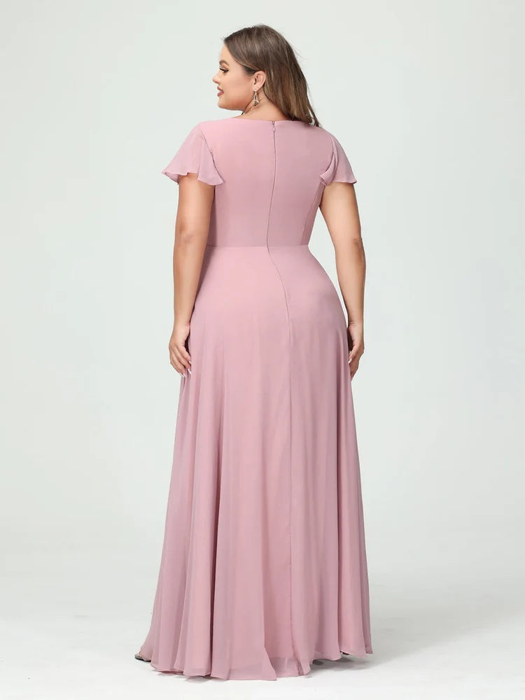 Plus Size Chiffon Bridesmaid Dress with V-Neck, Short Sleeves, and Side Split
