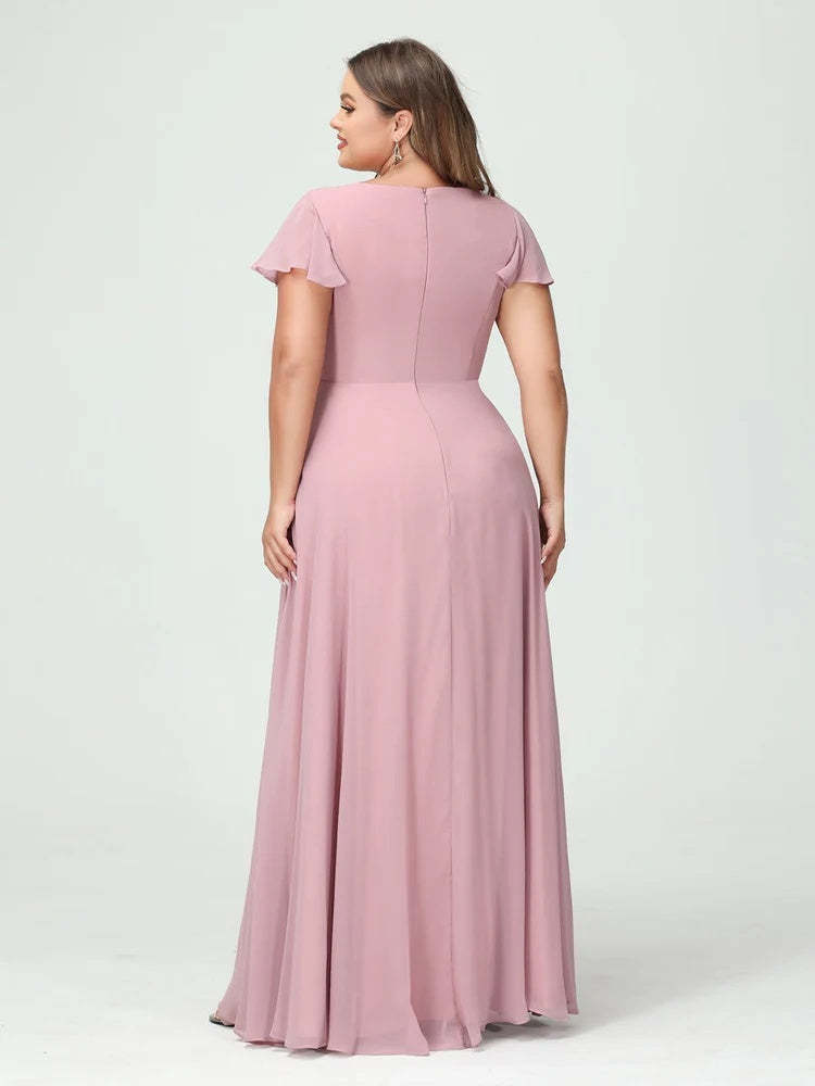 Plus Size Chiffon Bridesmaid Dress with V-Neck, Short Sleeves, and Side Split