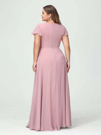 Plus Size Chiffon Bridesmaid Dress with V-Neck, Short Sleeves, and Side Split