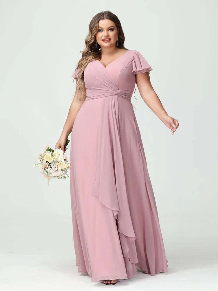 Plus Size Chiffon Bridesmaid Dress with V-Neck, Short Sleeves, and Side Split