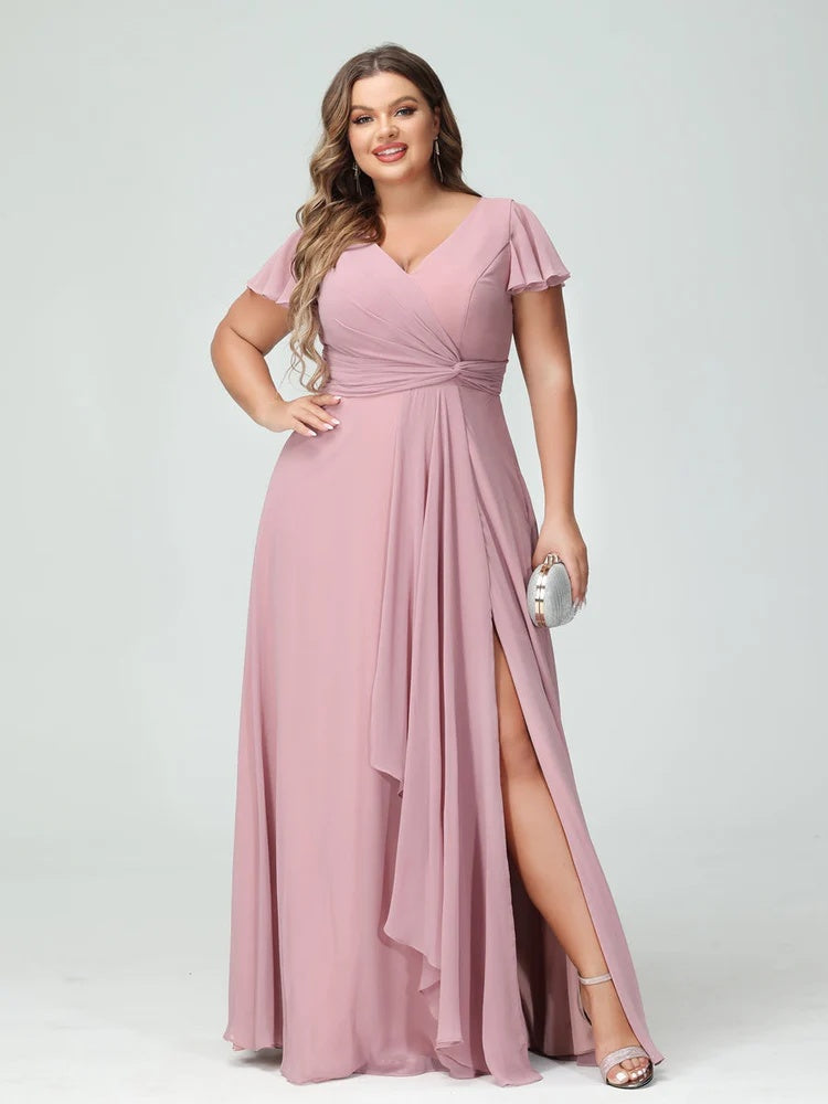 Plus Size Chiffon Bridesmaid Dress with V-Neck, Short Sleeves, and Side Split