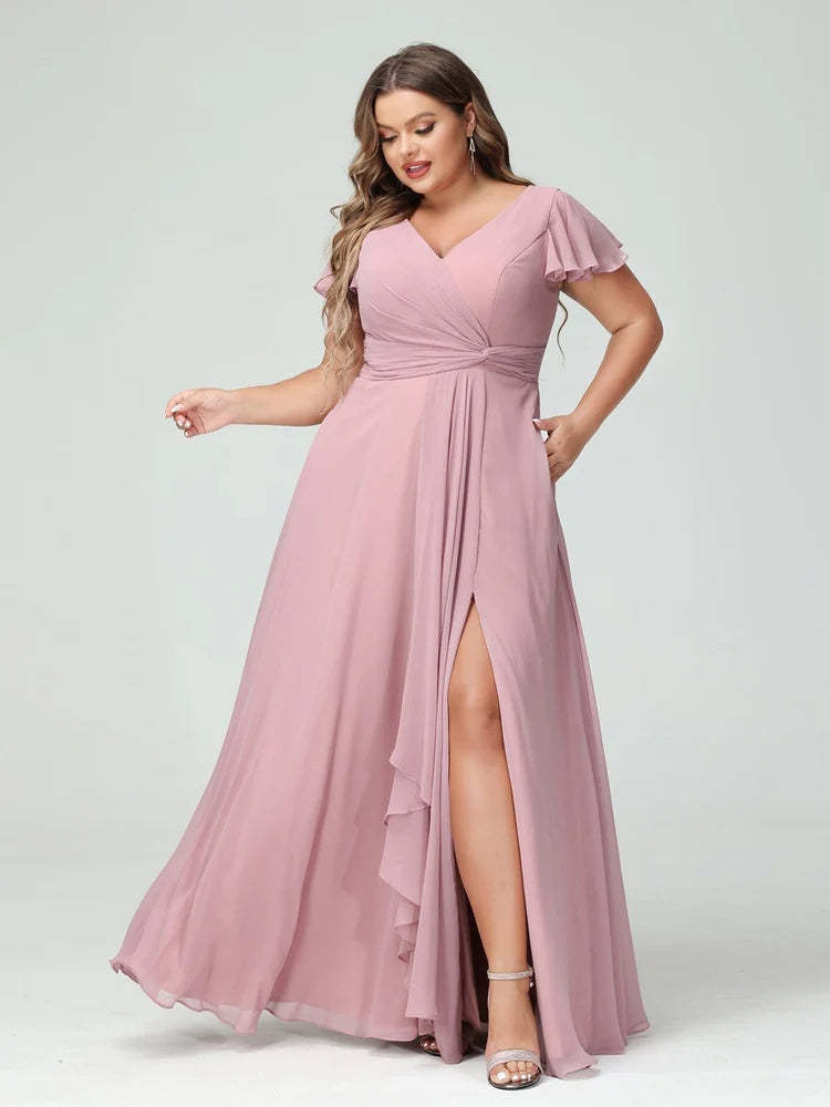 Plus Size Chiffon Bridesmaid Dress with V-Neck, Short Sleeves, and Side Split