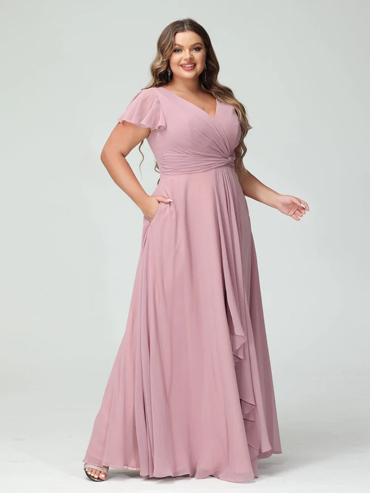 Plus Size Chiffon Bridesmaid Dress with V-Neck, Short Sleeves, and Side Split
