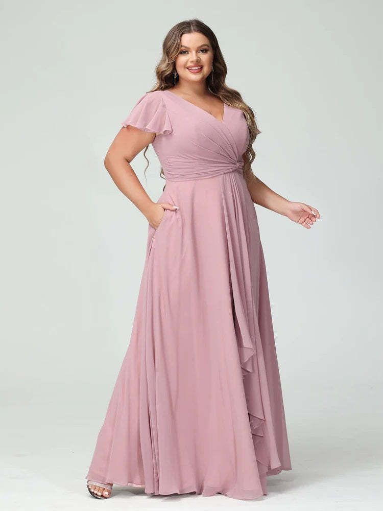 Plus Size Chiffon Bridesmaid Dress with V-Neck, Short Sleeves, and Side Split