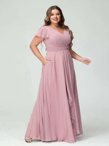 Plus Size Chiffon Bridesmaid Dress with V-Neck, Short Sleeves, and Side Split
