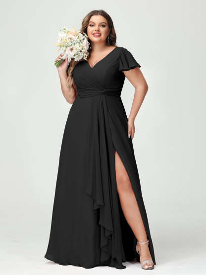 Plus Size Chiffon Bridesmaid Dress with V-Neck, Short Sleeves, and Side Split