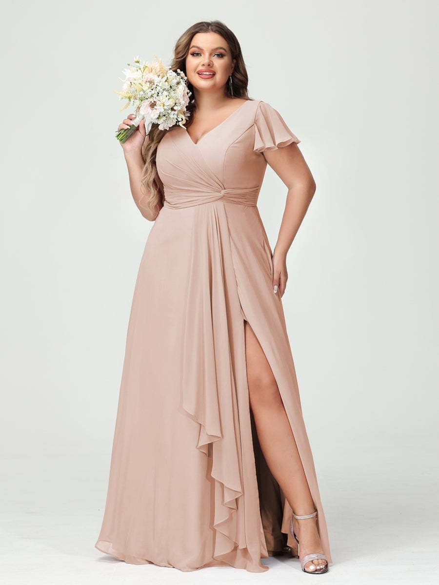 Plus Size Chiffon Bridesmaid Dress with V-Neck, Short Sleeves, and Side Split
