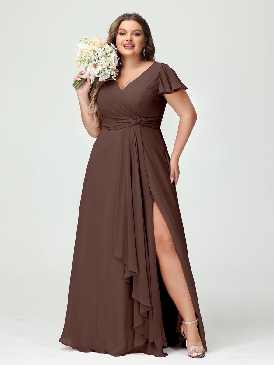 Plus Size Chiffon Bridesmaid Dress with V-Neck, Short Sleeves, and Side Split