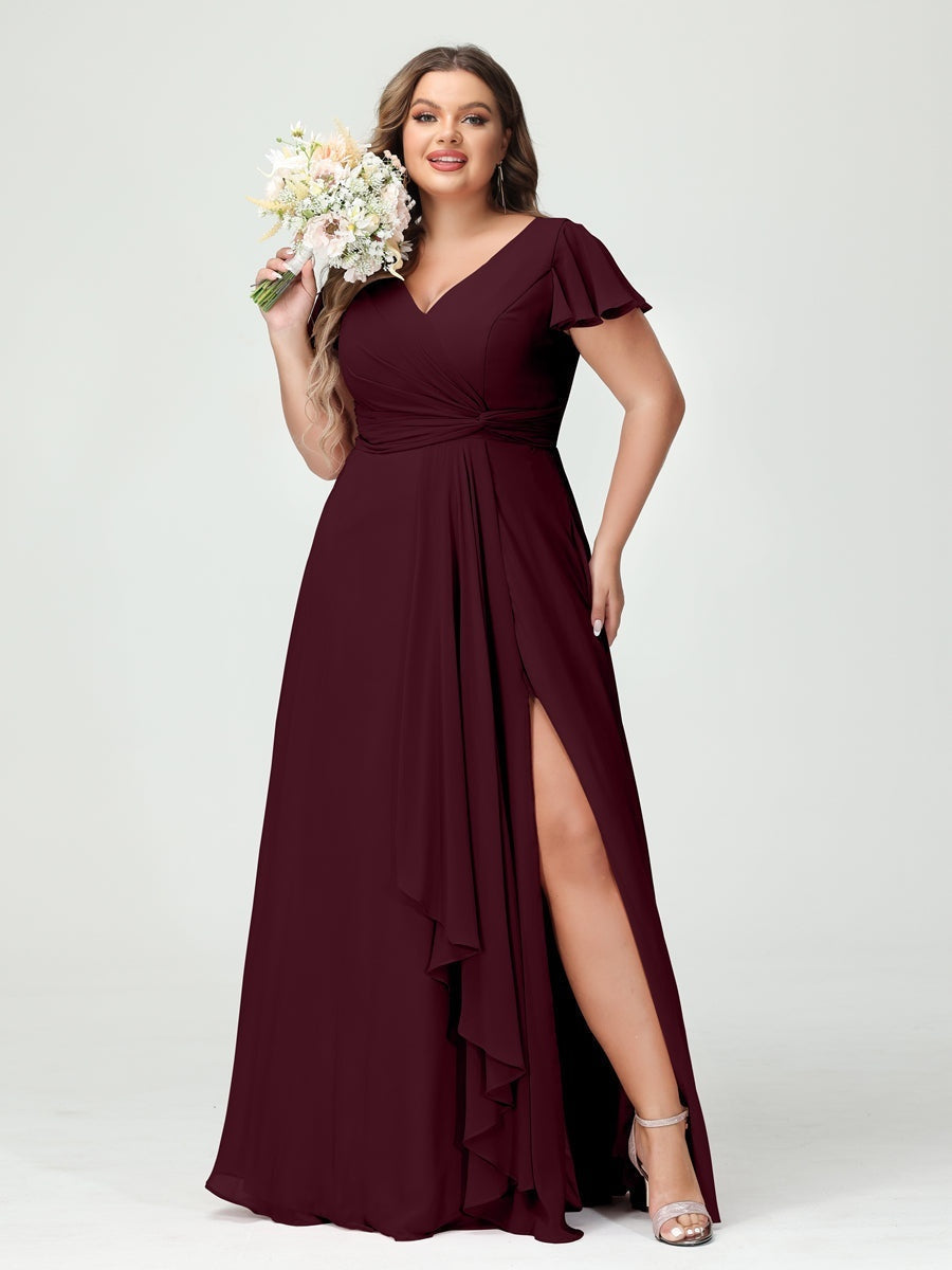 Plus Size Chiffon Bridesmaid Dress with V-Neck, Short Sleeves, and Side Split