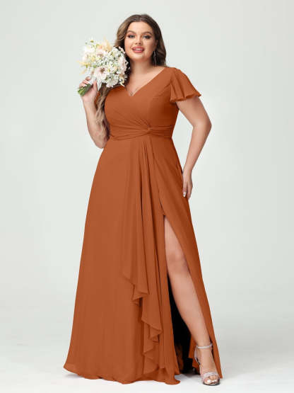 Plus Size Chiffon Bridesmaid Dress with V-Neck, Short Sleeves, and Side Split