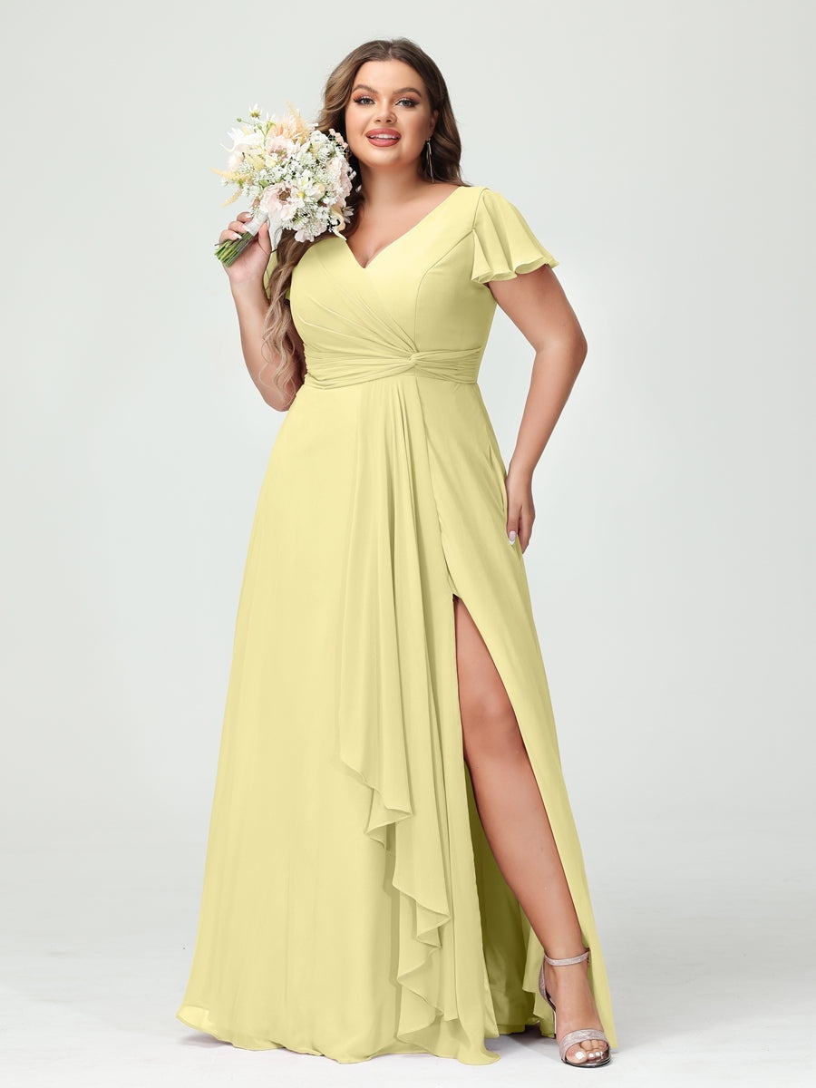 Plus Size Chiffon Bridesmaid Dress with V-Neck, Short Sleeves, and Side Split