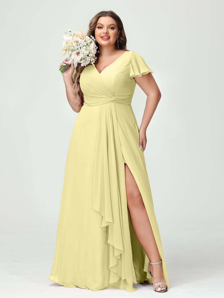 Plus Size Chiffon Bridesmaid Dress with V-Neck, Short Sleeves, and Side Split