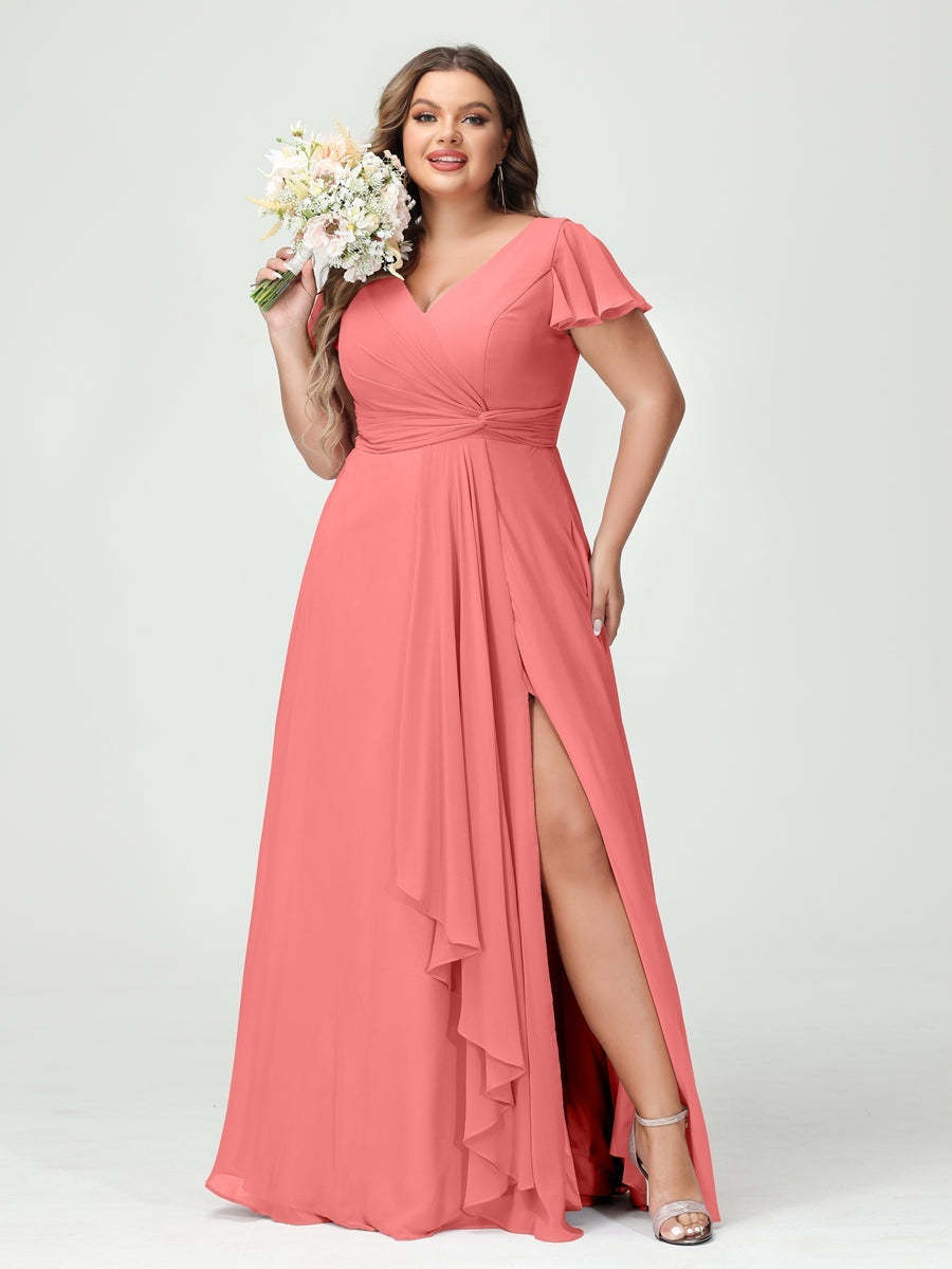 Plus Size Chiffon Bridesmaid Dress with V-Neck, Short Sleeves, and Side Split