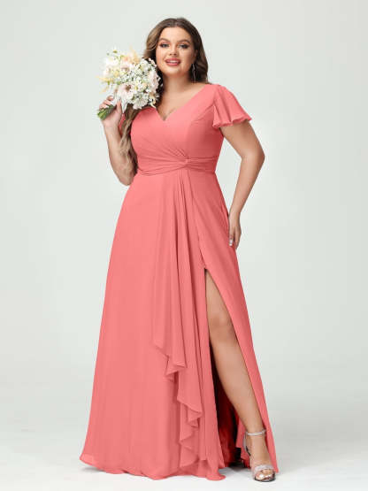 Plus Size Chiffon Bridesmaid Dress with V-Neck, Short Sleeves, and Side Split
