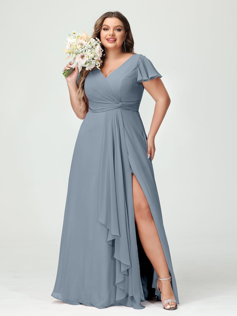 Plus Size Chiffon Bridesmaid Dress with V-Neck, Short Sleeves, and Side Split