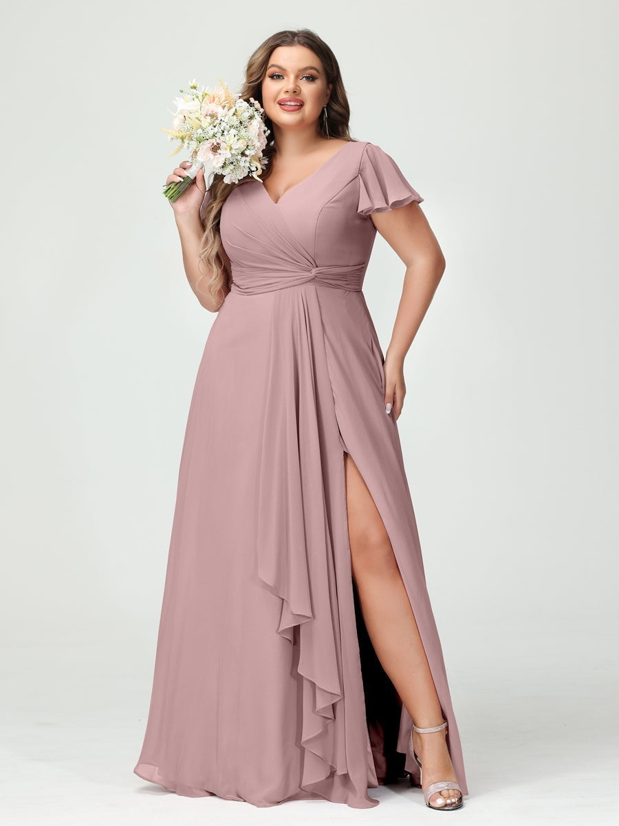 Plus Size Chiffon Bridesmaid Dress with V-Neck, Short Sleeves, and Side Split