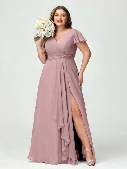 Plus Size Chiffon Bridesmaid Dress with V-Neck, Short Sleeves, and Side Split