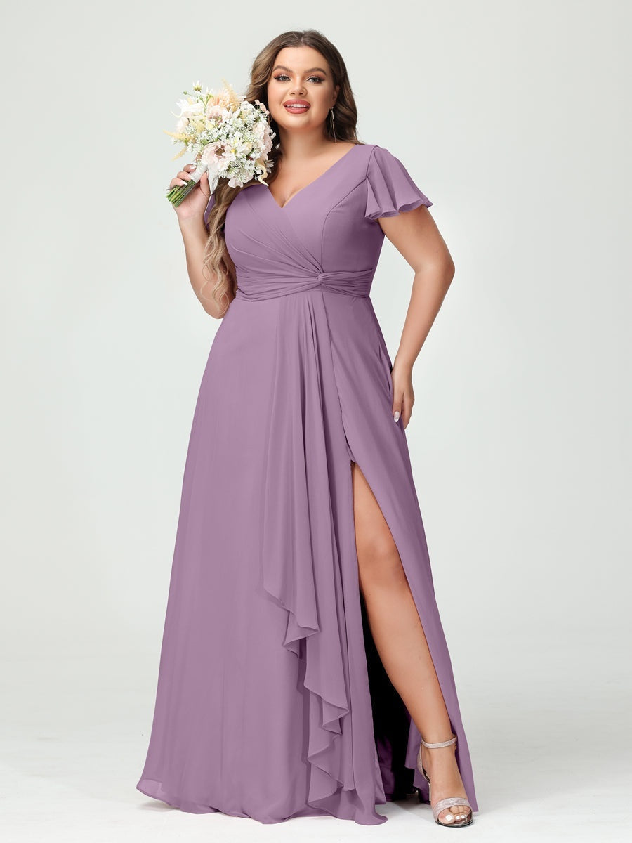 Plus Size Chiffon Bridesmaid Dress with V-Neck, Short Sleeves, and Side Split