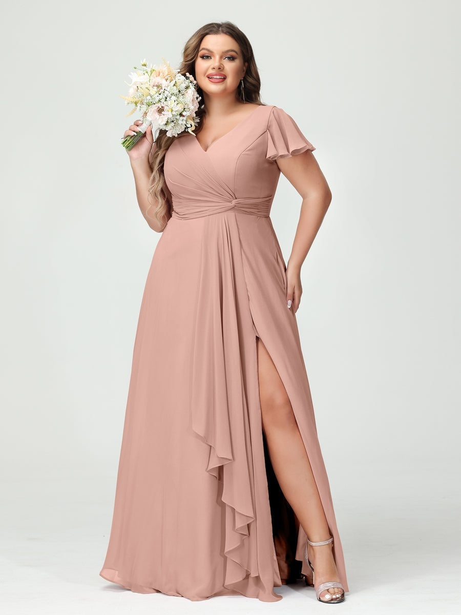 Plus Size Chiffon Bridesmaid Dress with V-Neck, Short Sleeves, and Side Split