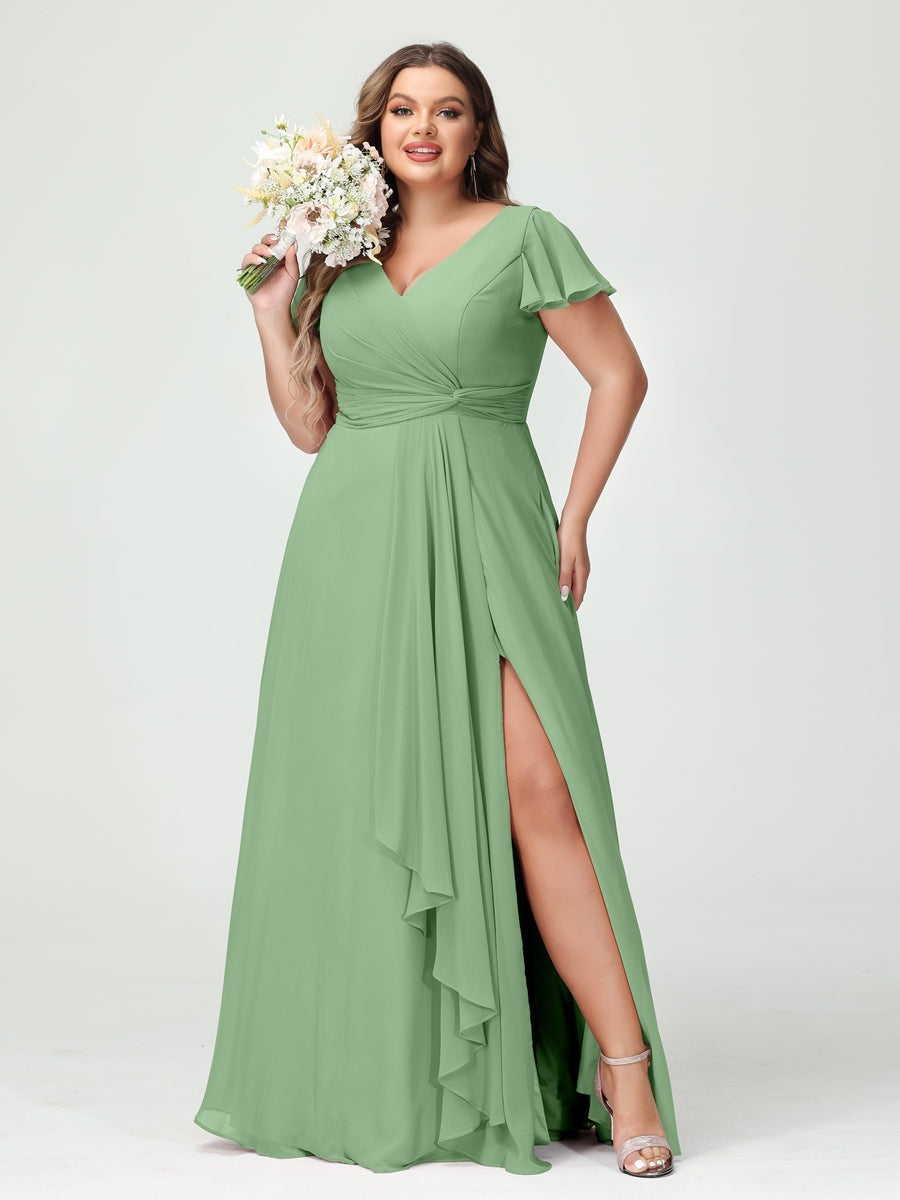 Plus Size Chiffon Bridesmaid Dress with V-Neck, Short Sleeves, and Side Split