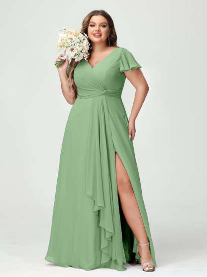 Plus Size Chiffon Bridesmaid Dress with V-Neck, Short Sleeves, and Side Split