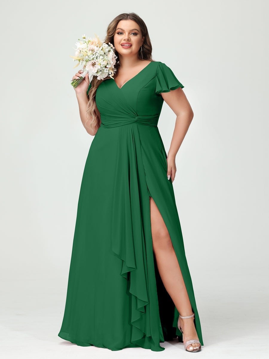 Plus Size Chiffon Bridesmaid Dress with V-Neck, Short Sleeves, and Side Split