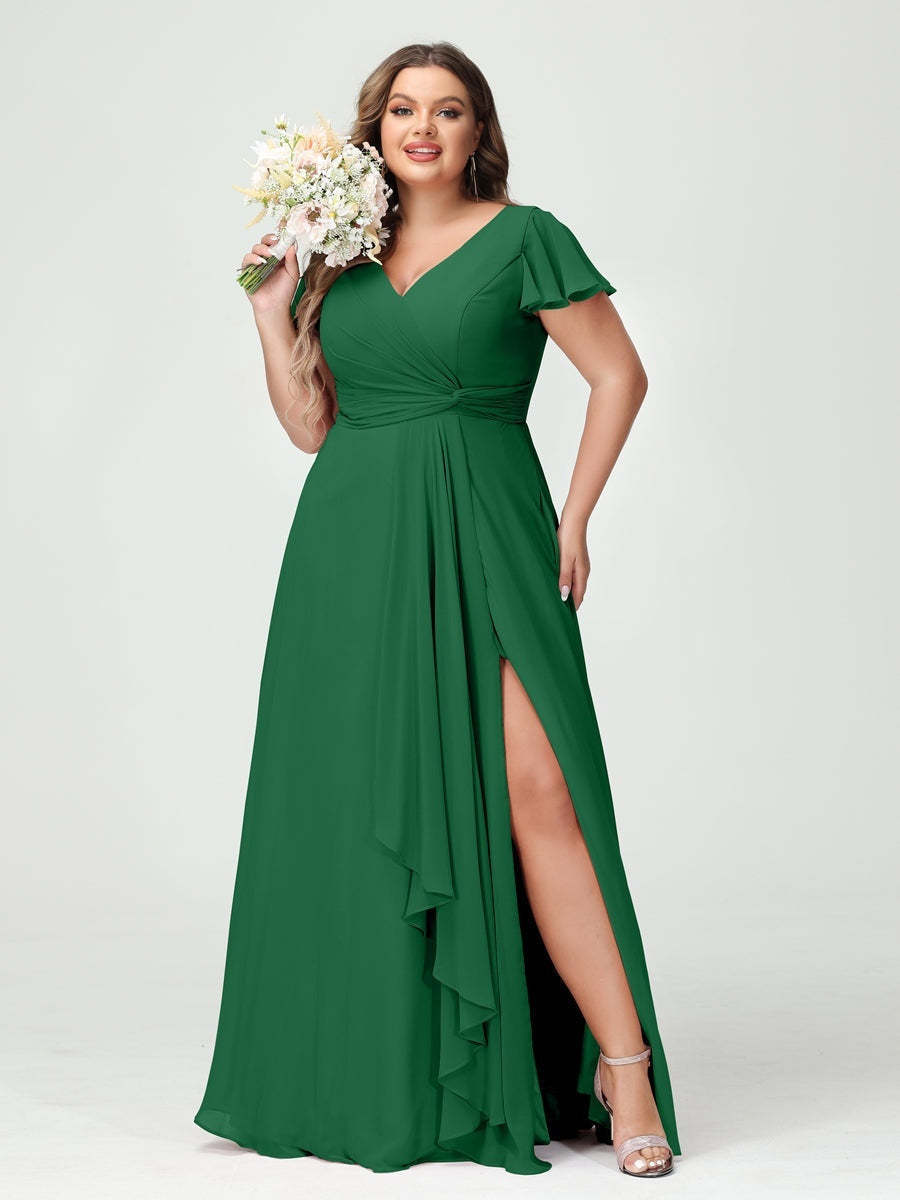 Plus Size Chiffon Bridesmaid Dress with V-Neck, Short Sleeves, and Side Split