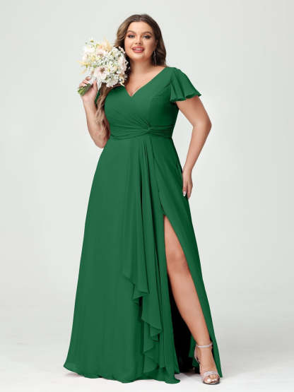 Plus Size Chiffon Bridesmaid Dress with V-Neck, Short Sleeves, and Side Split