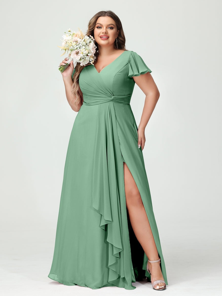 Plus Size Chiffon Bridesmaid Dress with V-Neck, Short Sleeves, and Side Split