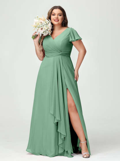 Plus Size Chiffon Bridesmaid Dress with V-Neck, Short Sleeves, and Side Split