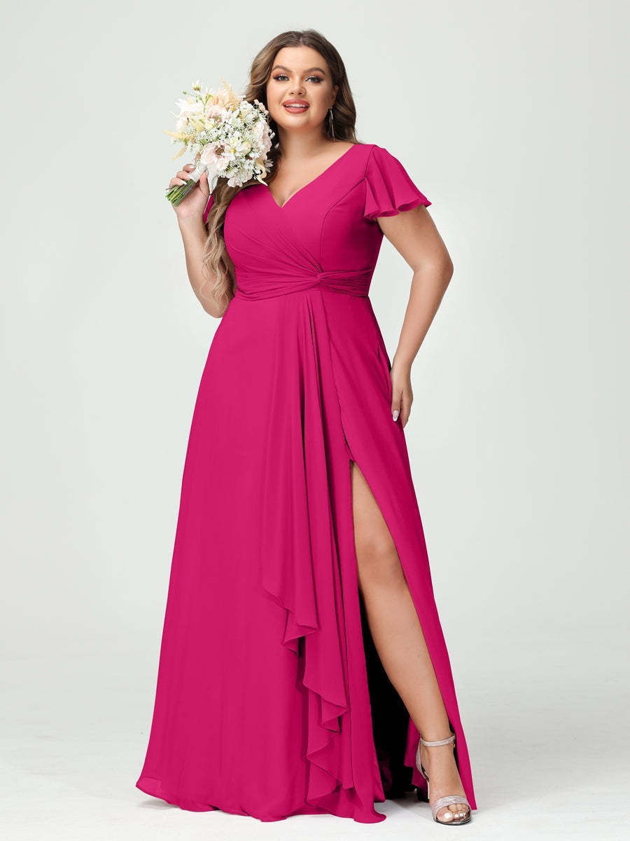 Plus Size Chiffon Bridesmaid Dress with V-Neck, Short Sleeves, and Side Split