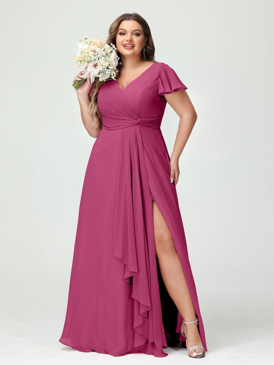 Plus Size Chiffon Bridesmaid Dress with V-Neck, Short Sleeves, and Side Split