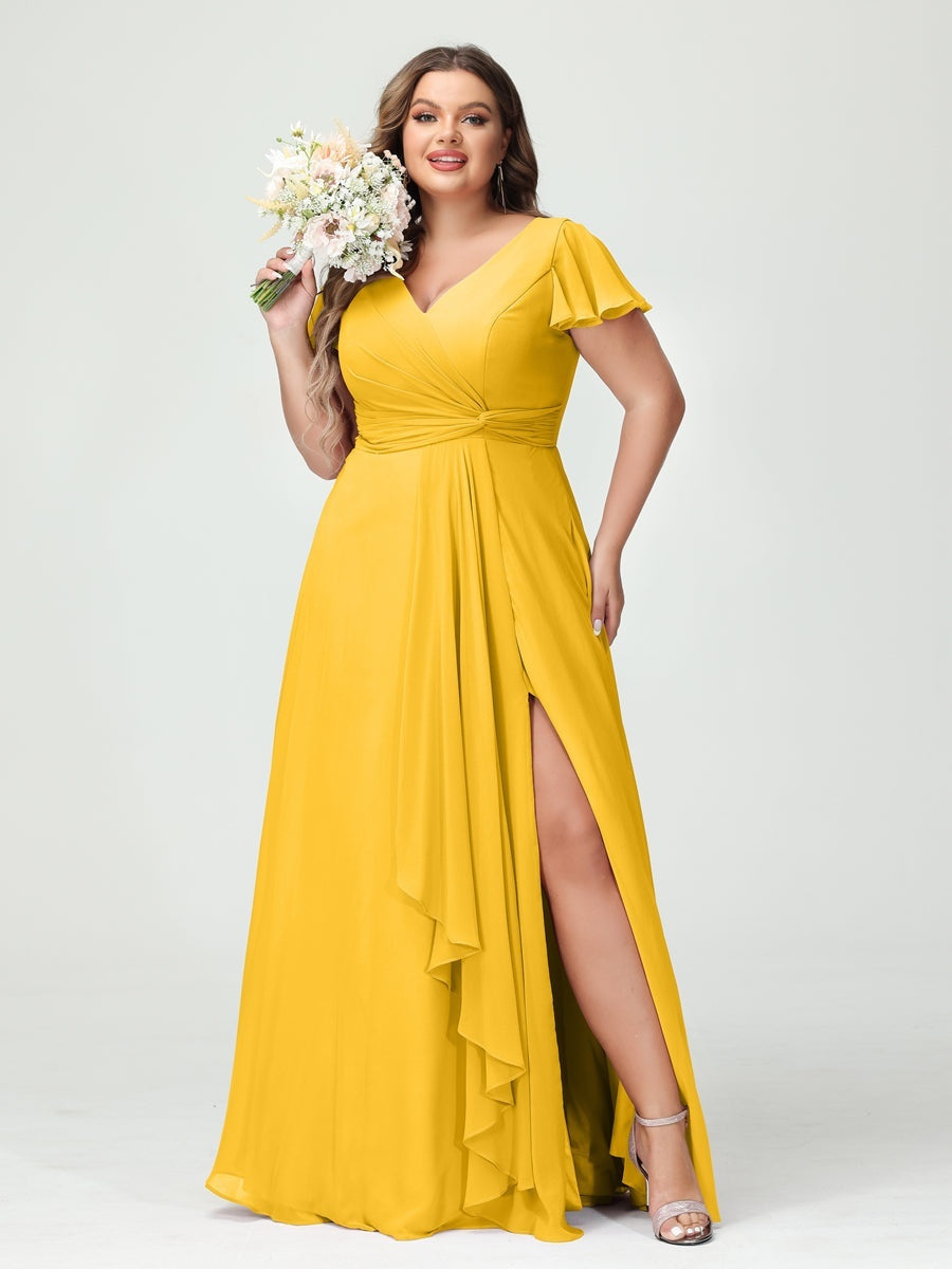 Plus Size Chiffon Bridesmaid Dress with V-Neck, Short Sleeves, and Side Split