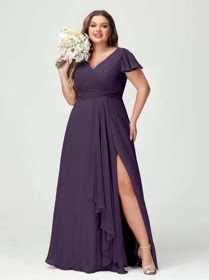 Plus Size Chiffon Bridesmaid Dress with V-Neck, Short Sleeves, and Side Split