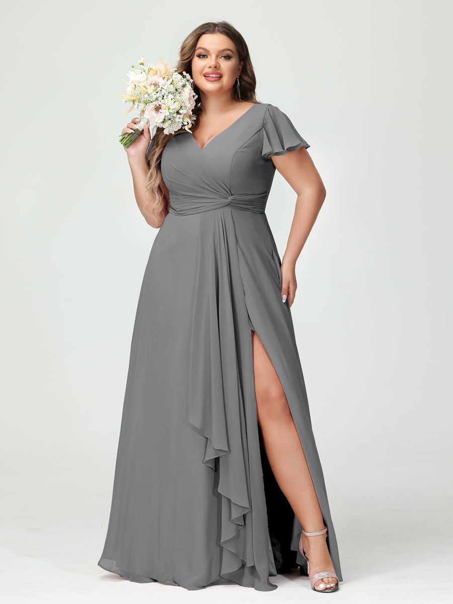 Plus Size Chiffon Bridesmaid Dress with V-Neck, Short Sleeves, and Side Split