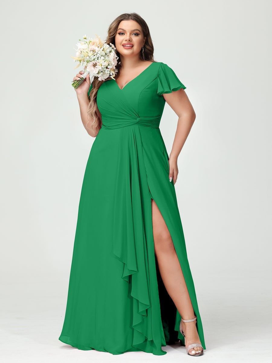 Plus Size Chiffon Bridesmaid Dress with V-Neck, Short Sleeves, and Side Split