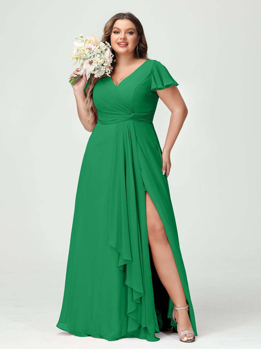 Plus Size Chiffon Bridesmaid Dress with V-Neck, Short Sleeves, and Side Split