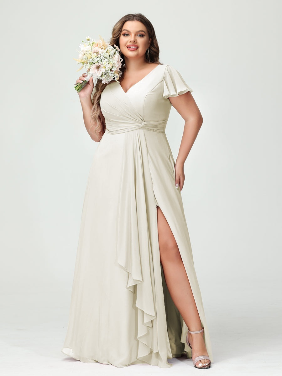 Plus Size Chiffon Bridesmaid Dress with V-Neck, Short Sleeves, and Side Split