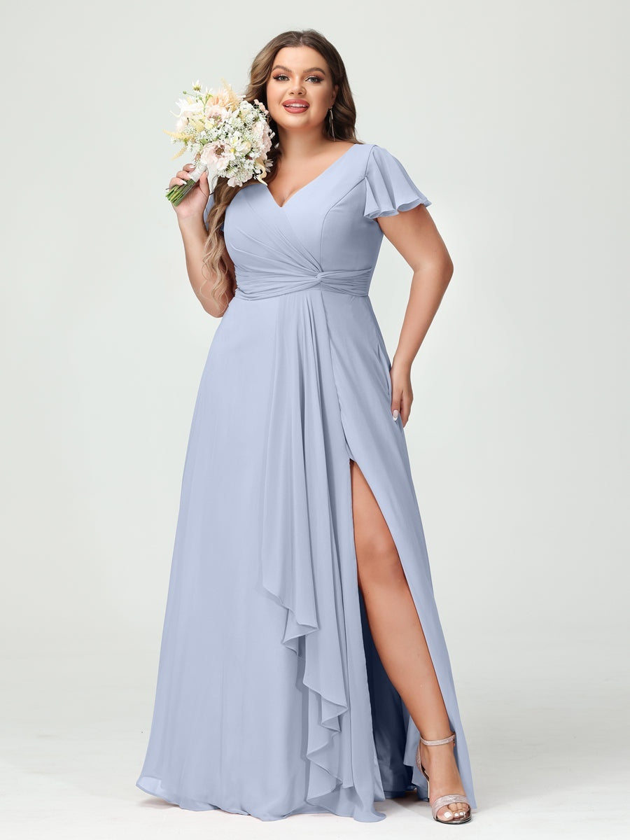 Plus Size Chiffon Bridesmaid Dress with V-Neck, Short Sleeves, and Side Split