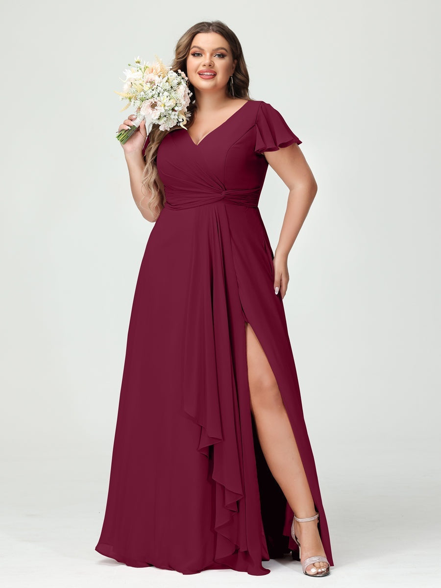 Plus Size Chiffon Bridesmaid Dress with V-Neck, Short Sleeves, and Side Split