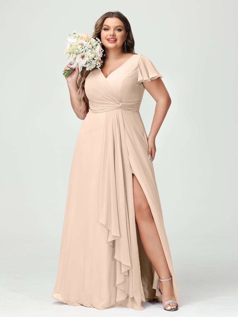Plus Size Chiffon Bridesmaid Dress with V-Neck, Short Sleeves, and Side Split