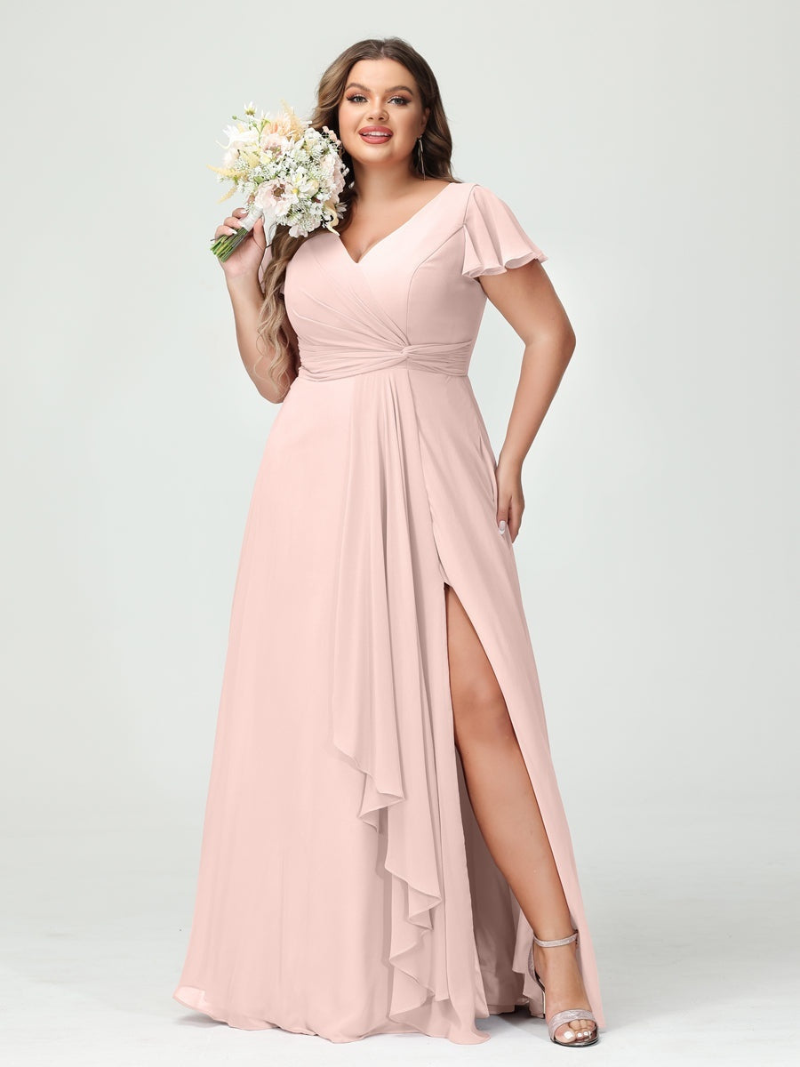 Plus Size Chiffon Bridesmaid Dress with V-Neck, Short Sleeves, and Side Split