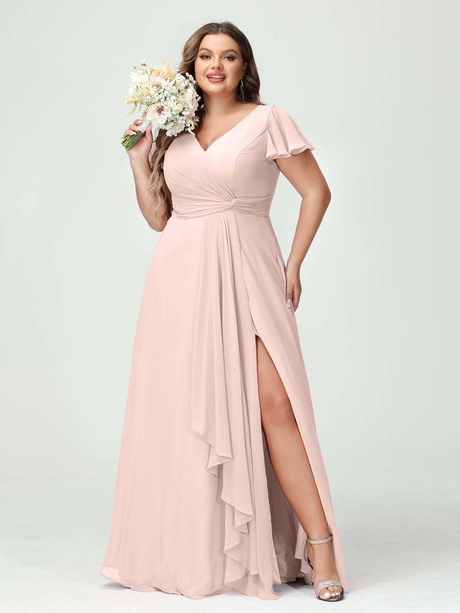 Plus Size Chiffon Bridesmaid Dress with V-Neck, Short Sleeves, and Side Split