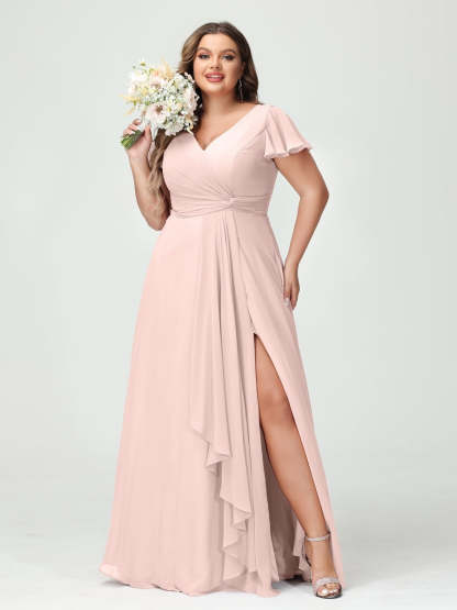Plus Size Chiffon Bridesmaid Dress with V-Neck, Short Sleeves, and Side Split