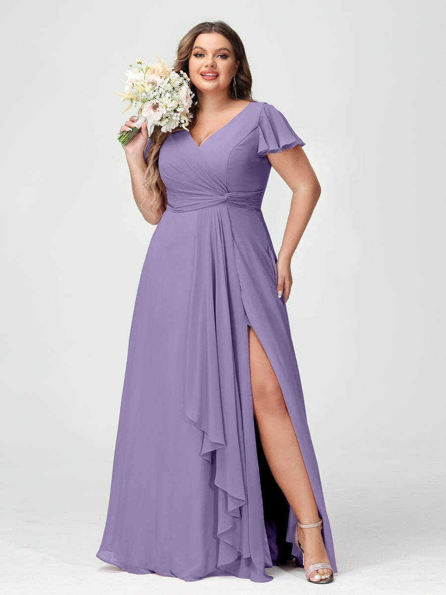 Plus Size Chiffon Bridesmaid Dress with V-Neck, Short Sleeves, and Side Split