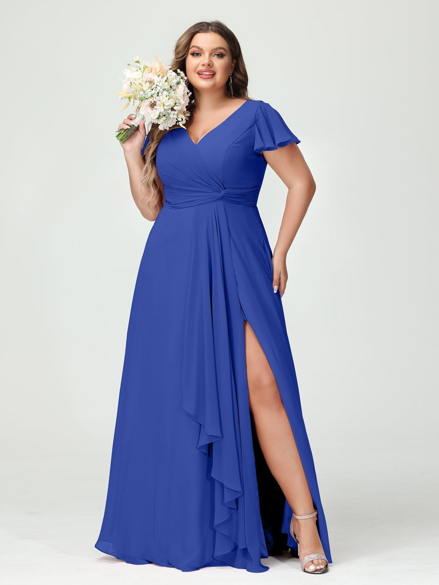 Plus Size Chiffon Bridesmaid Dress with V-Neck, Short Sleeves, and Side Split