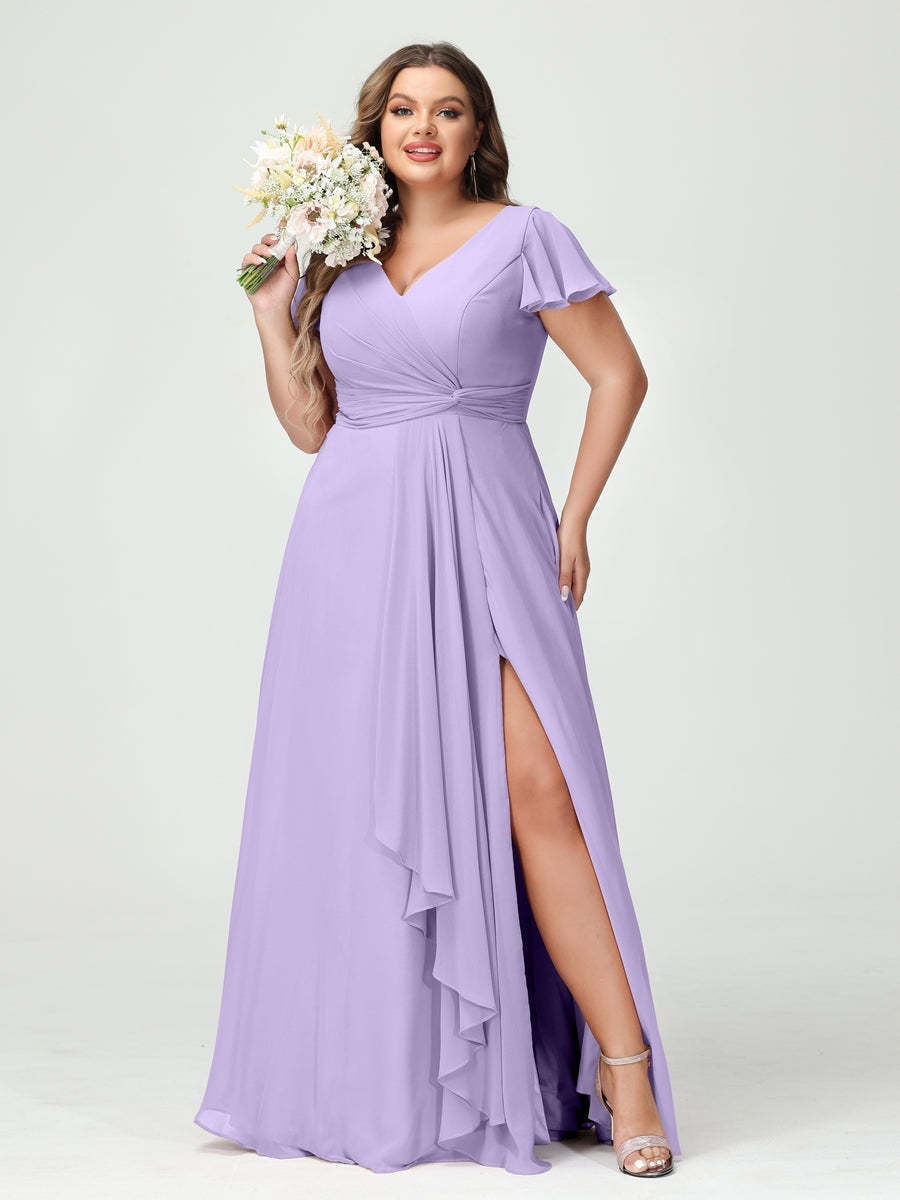 Plus Size Chiffon Bridesmaid Dress with V-Neck, Short Sleeves, and Side Split
